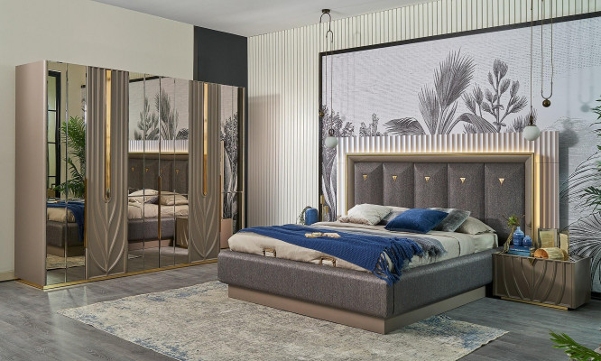 Complete slaapkamermeubels Tweepersoonsbed Bed Bruin Set 4-delig Nachtkastjes
