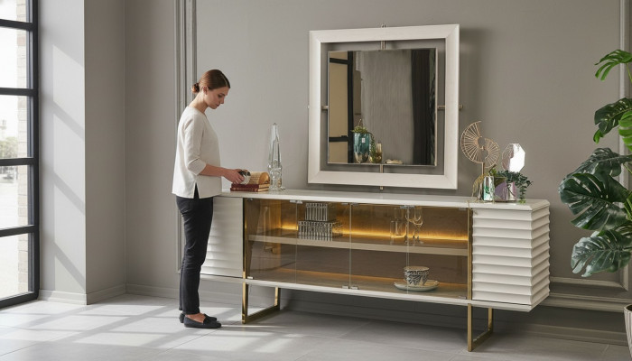 Dressoir set Sideboard met spiegel Eetkamer Hout Beige Commode