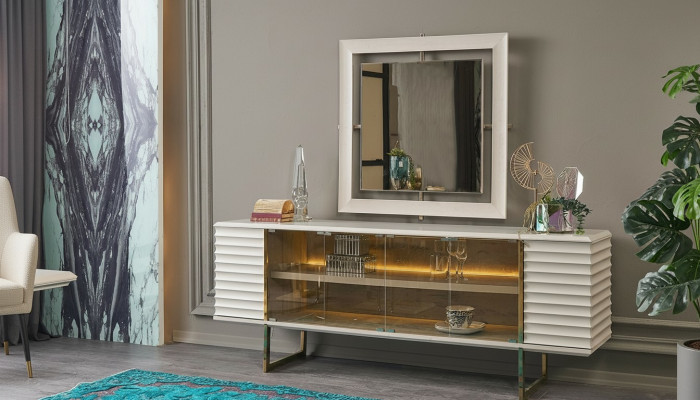 Dressoir set Sideboard met spiegel Eetkamer Hout Beige Commode