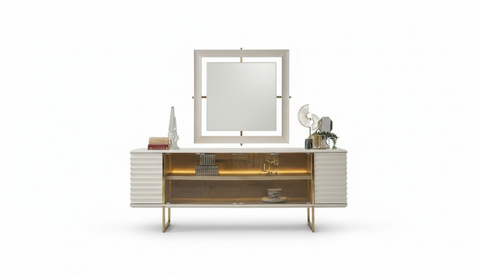 Dressoir set Sideboard met spiegel Eetkamer Hout Beige Commode