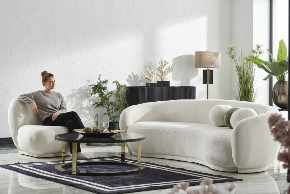 Sofaset, textielbankstel, wit gestoffeerde moderne bankstel, set van 2 banken