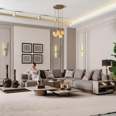 Woonlandschap set woonkamer hoekbank bank salontafels 5-delig grijs