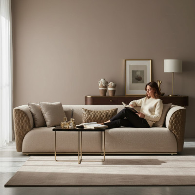 Moderne driezitsbank 3-zits bank gestoffeerde bank stoffen bank beige stijlvolle bankstellen