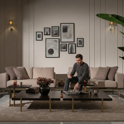 Woonkamer groep bank salontafels 4-delig stoffen bank beige hout modern