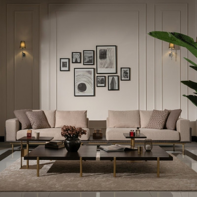 Woonkamer groep bank salontafels 4-delig stoffen bank beige hout modern