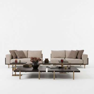 Woonkamer groep bank salontafels 4-delig stoffen bank beige hout modern
