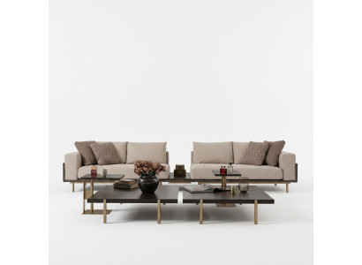 Woonkamer groep bank salontafels 4-delig stoffen bank beige hout modern