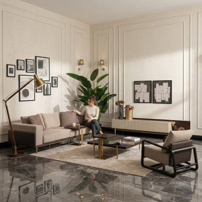 Volledige woonkamerbank salontafels 6-dlg stoffen bank beige hout modern