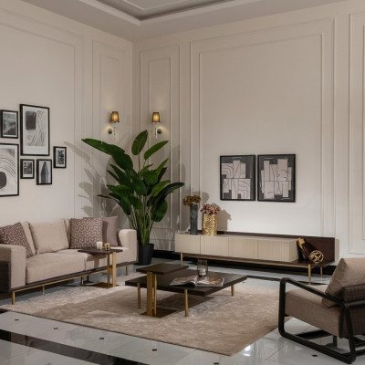 Volledige woonkamerbank salontafels 6-dlg stoffen bank beige hout modern