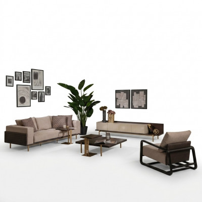 Volledige woonkamerbank salontafels 6-dlg stoffen bank beige hout modern