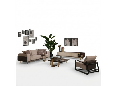 Volledige woonkamerbank salontafels 6-dlg stoffen bank beige hout modern