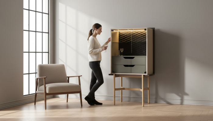 Drankschaank Kast Vitrine Bar Hout Woonkamer Modern Beige Luxe