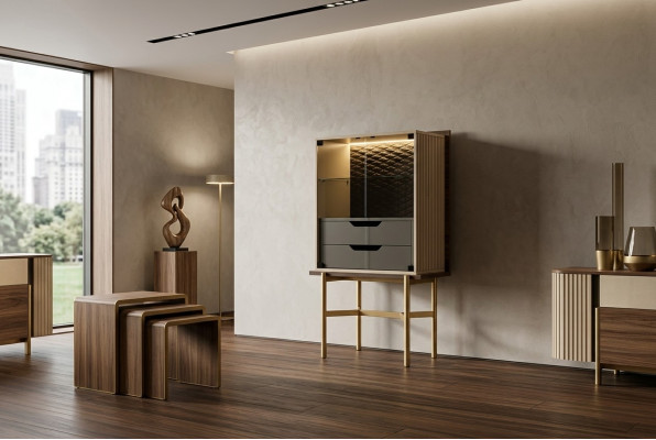 Drankschaank Kast Vitrine Bar Hout Woonkamer Modern Beige Luxe