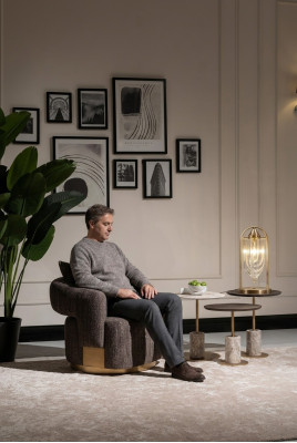 Compleet woonkamer fauteuil bijzettafels 4-delig stof grijs hout modern.