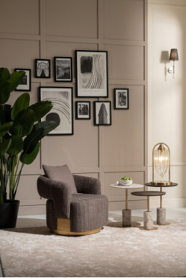 Compleet woonkamer fauteuil bijzettafels 4-delig stof grijs hout modern.