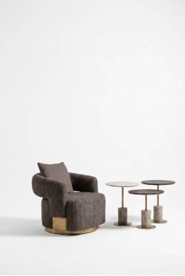 Compleet woonkamer fauteuil bijzettafels 4-delig stof grijs hout modern.