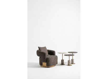 Compleet woonkamer fauteuil bijzettafels 4-delig stof grijs hout modern.