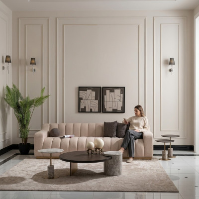 Garnituur woonkamer driezitsbank salontafels 4-delig stoffen bankstel beige hout