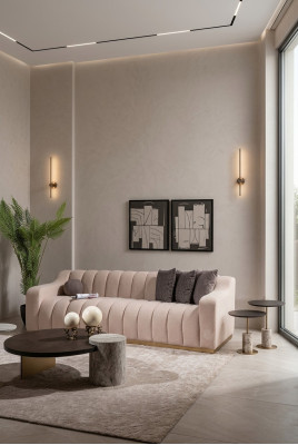 Garnituur woonkamer driezitsbank salontafels 4-delig stoffen bankstel beige hout