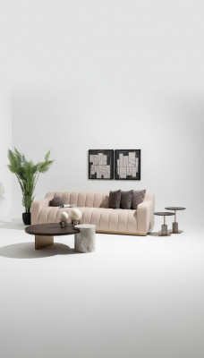 Garnituur woonkamer driezitsbank salontafels 4-delig stoffen bankstel beige hout