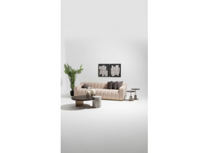 Garnituur woonkamer driezitsbank salontafels 4-delig stoffen bankstel beige hout