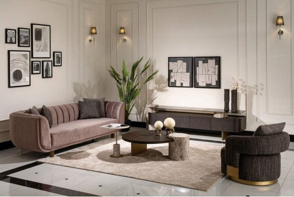 Woonkamerset Bank Fauteuil Bruin Stof Salontafel Set 5-delig RTV