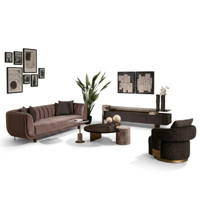Woonkamerset Bank Fauteuil Bruin Stof Salontafel Set 5-delig RTV