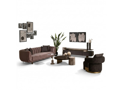 Woonkamerset Bank Fauteuil Bruin Stof Salontafel Set 5-delig RTV