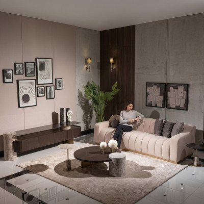 Luxe Complete Woonkamer Bank Bijzettafels 6-delig Stof Beige Hout