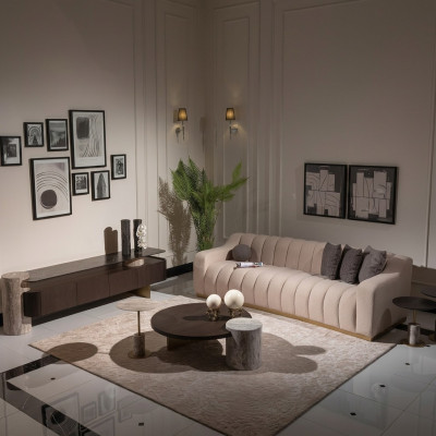 Luxe Complete Woonkamer Bank Bijzettafels 6-delig Stof Beige Hout