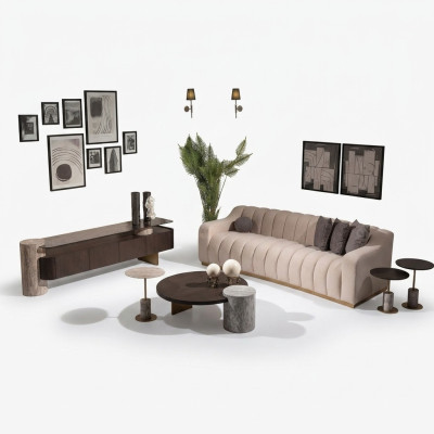 Luxe Complete Woonkamer Bank Bijzettafels 6-delig Stof Beige Hout
