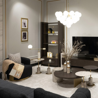 Grote complete woonkamer fauteuils Tafels 7-delig Stof Bruin Houten Rekken
