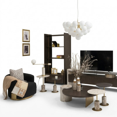Grote complete woonkamer fauteuils Tafels 7-delig Stof Bruin Houten Rekken