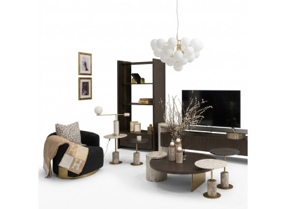Grote complete woonkamer fauteuils Tafels 7-delig Stof Bruin Houten Rekken