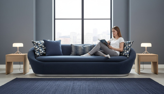 Moderne driezitsbank 3-zits stoffen bank Blauw gestoffeerde bank Stof