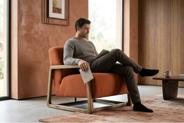 Fauteuil éénzitter zetel oranje hout woonkamer relaxfauteuil design