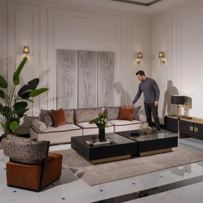 Groot woonkamergarnituur stoffen bank fauteuil grijs set 5-delig bank tafels