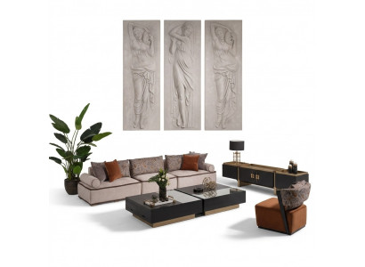 Groot woonkamergarnituur stoffen bank fauteuil grijs set 5-delig bank tafels