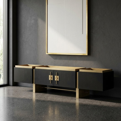 Sideboard RTV Lowboard TV Stand Zwart Modern Ontwerp Goud Hout