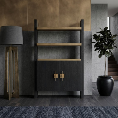 Kast met planken Houten kast Kasten Hout Zwart Design Goud Nieuw