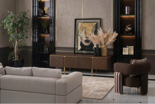 Garnituur hoekbank fauteuil stoffen bank RTV lowboard beige modern 3-delige set