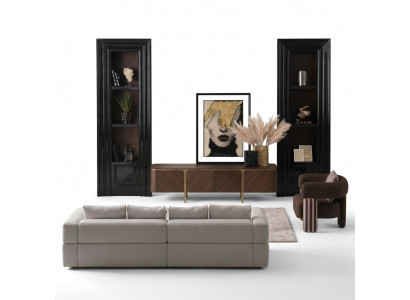 Garnituur hoekbank fauteuil stoffen bank RTV lowboard beige modern 3-delige set