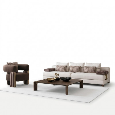 Volledige bankstel bank fauteuil bruin stoffen bank salontafel