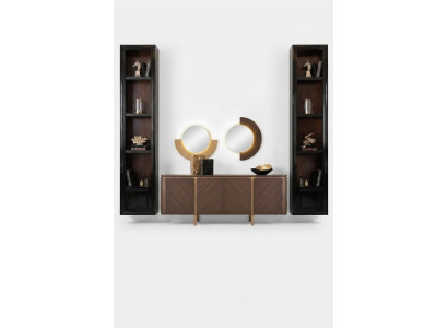 Set dressoir spiegel ladekast commode buffet bruin hout eetkamer.