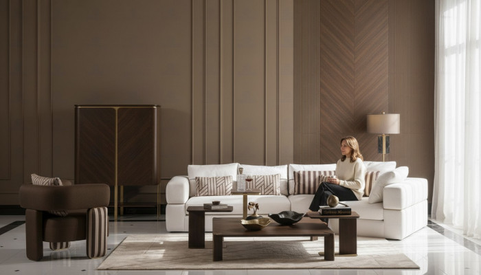 Woonkamerset hoekbank stoffen bank fauteuil salontafel set 6-delig bruin