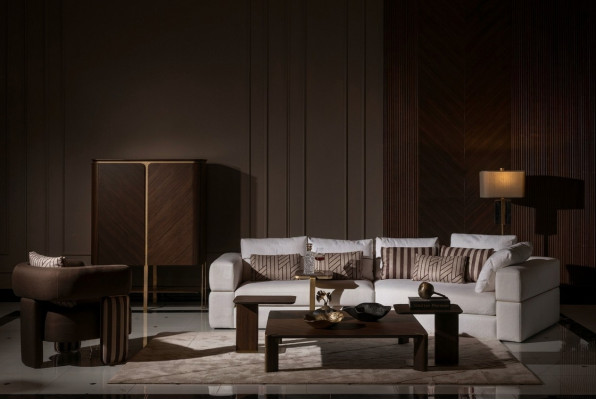 Woonkamerset hoekbank stoffen bank fauteuil salontafel set 6-delig bruin
