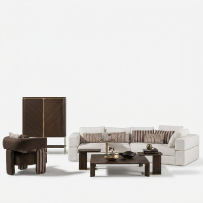 Woonkamerset hoekbank stoffen bank fauteuil salontafel set 6-delig bruin