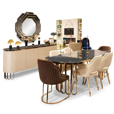 Eetgroep Eethoek Eettafel Stoelen Beige Set 9dlg Luxe Houten Eetkamer
