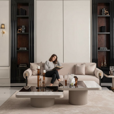 Garnituur woonkamer bank 3-zits stoffen bank Beige salontafels 4-delig