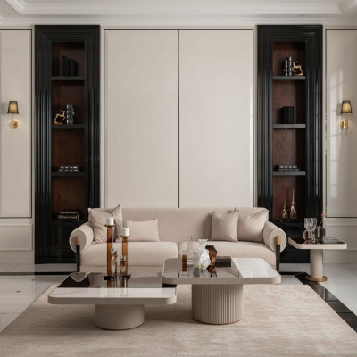 Garnituur woonkamer bank 3-zits stoffen bank Beige salontafels 4-delig